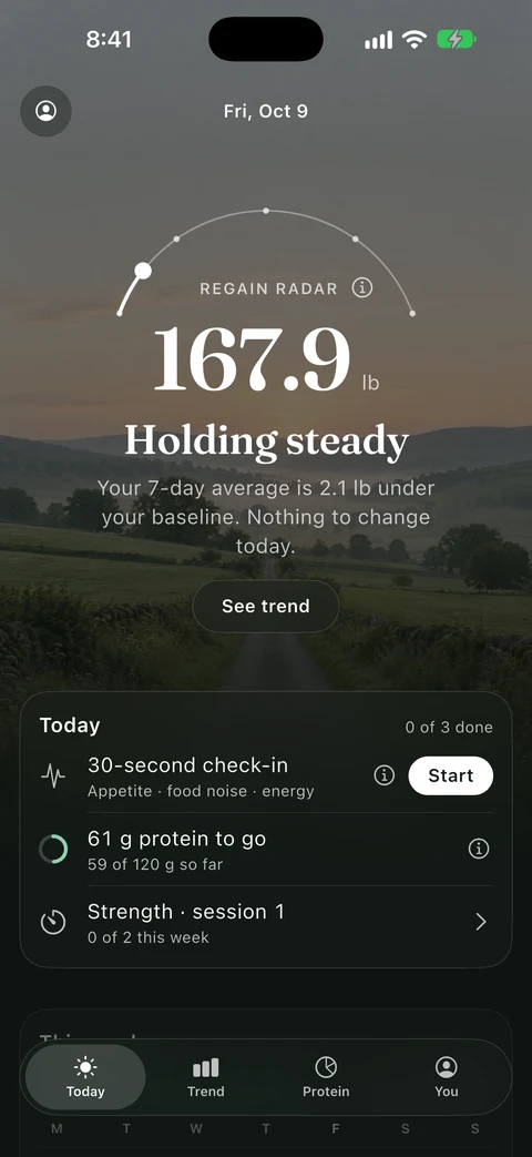 OffRamp Today screen with Regain Radar, Holding steady status, and daily check-in, protein, and strength routines.