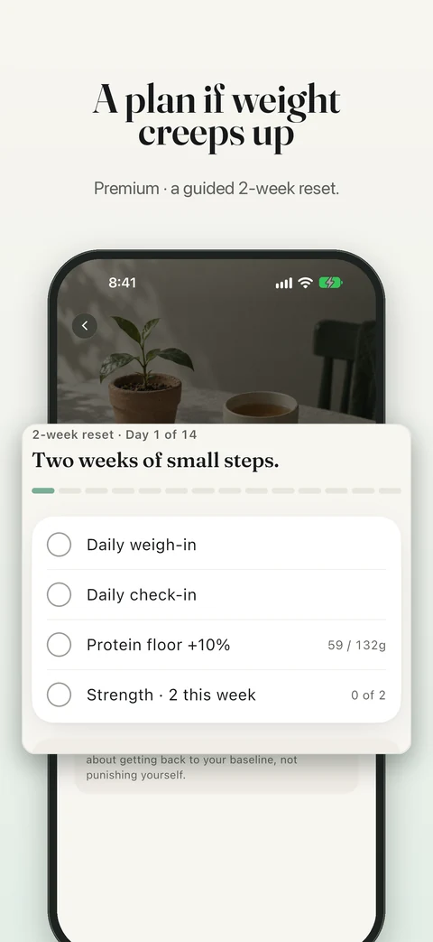 A plan if weight creeps up. Premium two-week reset with a daily routine checklist.