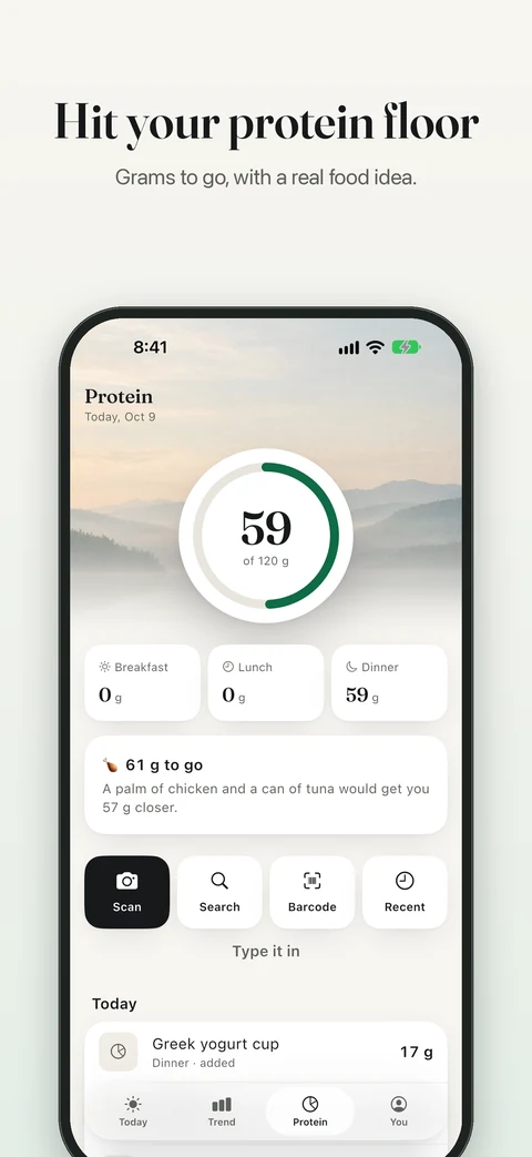 Hit your protein floor. Protein progress ring, meal entries, and food logging options.
