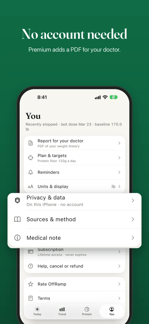 No account needed. OffRamp profile, privacy and data settings, and report for doctor.