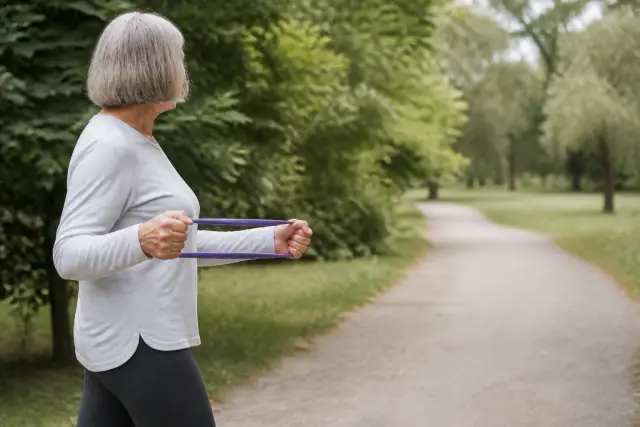 A senior woman working through a resistance band exercise in a park in soft overcast daylight.