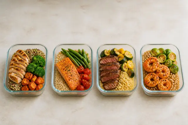 Four glass meal-prep containers with protein, vegetables, and grains arranged in a row on a kitchen counter.