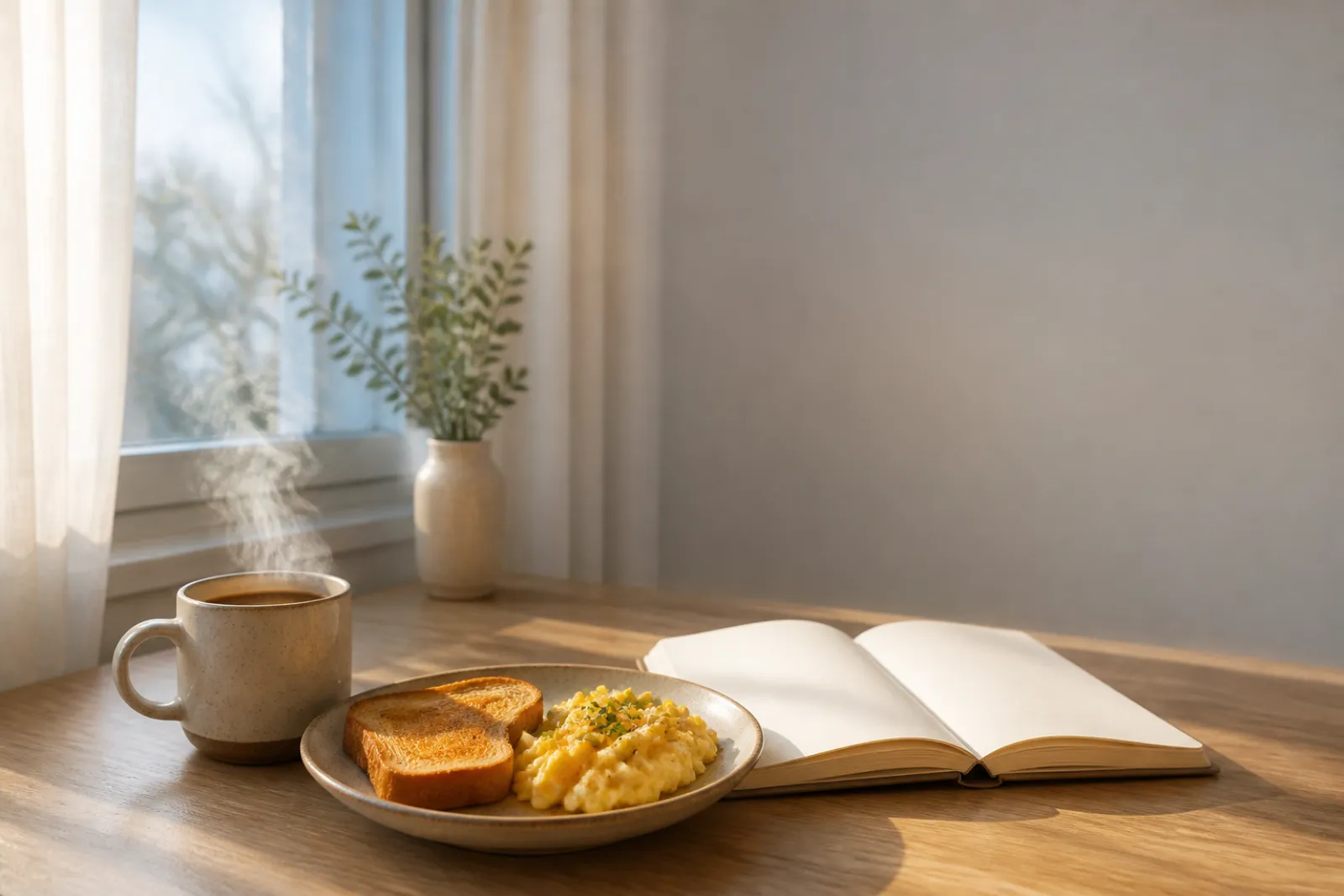 A sunlit breakfast nook with toast, eggs, and a steaming mug of coffee by a window.