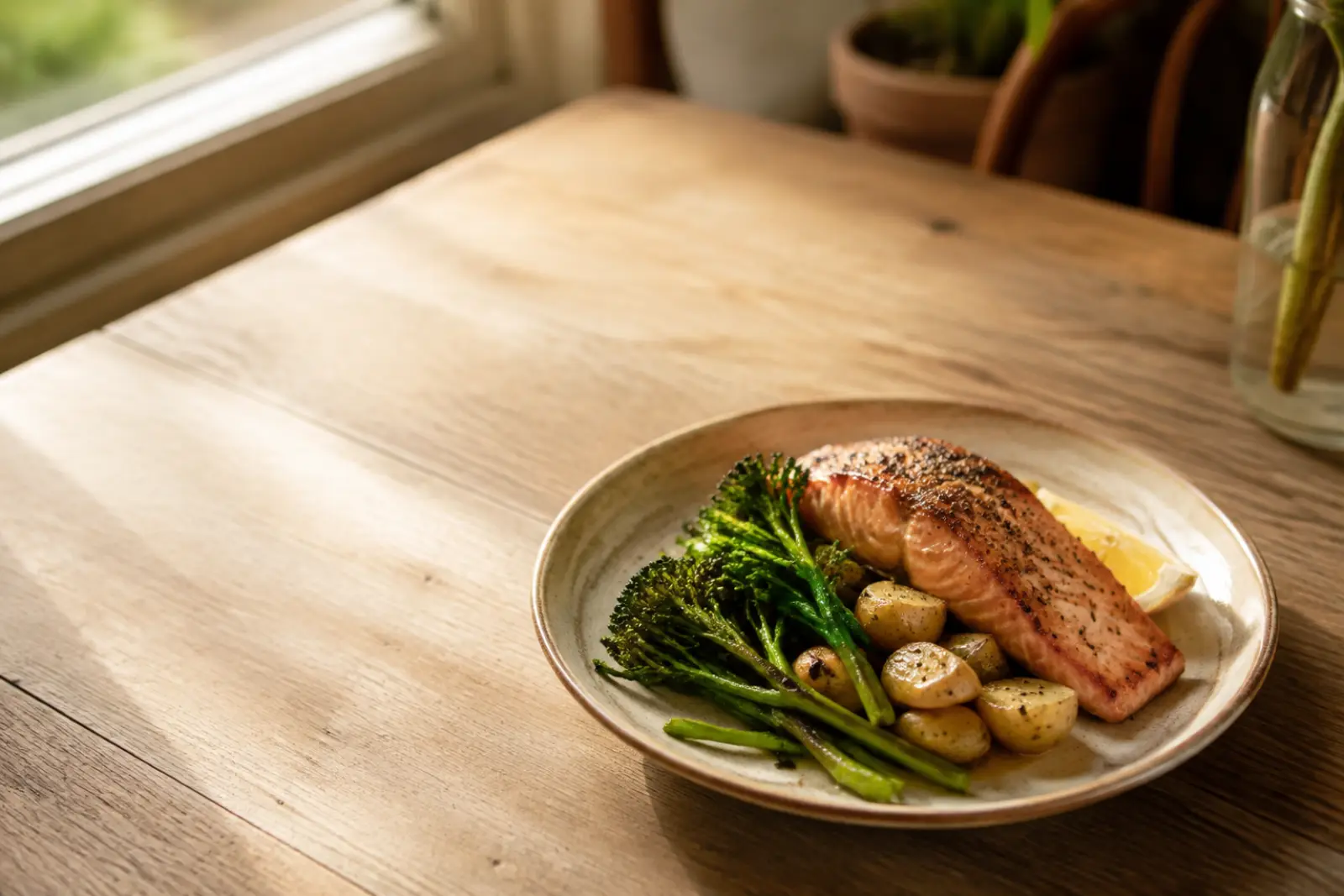 A plated restaurant meal with vegetables on a table in warm daylight.