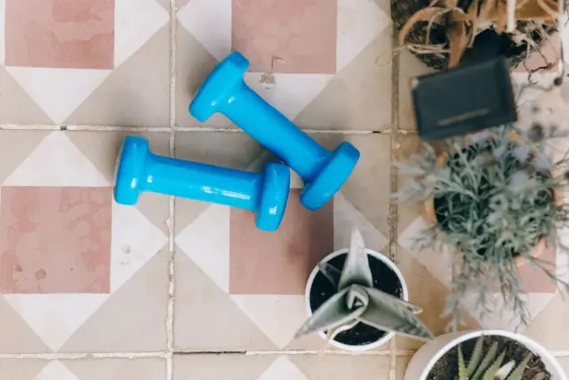 A woman lifting dumbbells at home.
