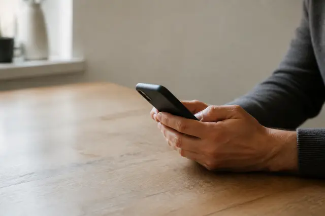 A person's hands holding a phone at a kitchen table in soft daylight.