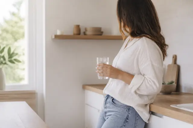 An adult leaning against a kitchen counter holding a glass of water in soft daylight.