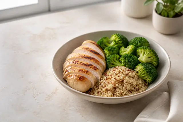 A plate of grilled chicken, vegetables, and grains on a wooden table.