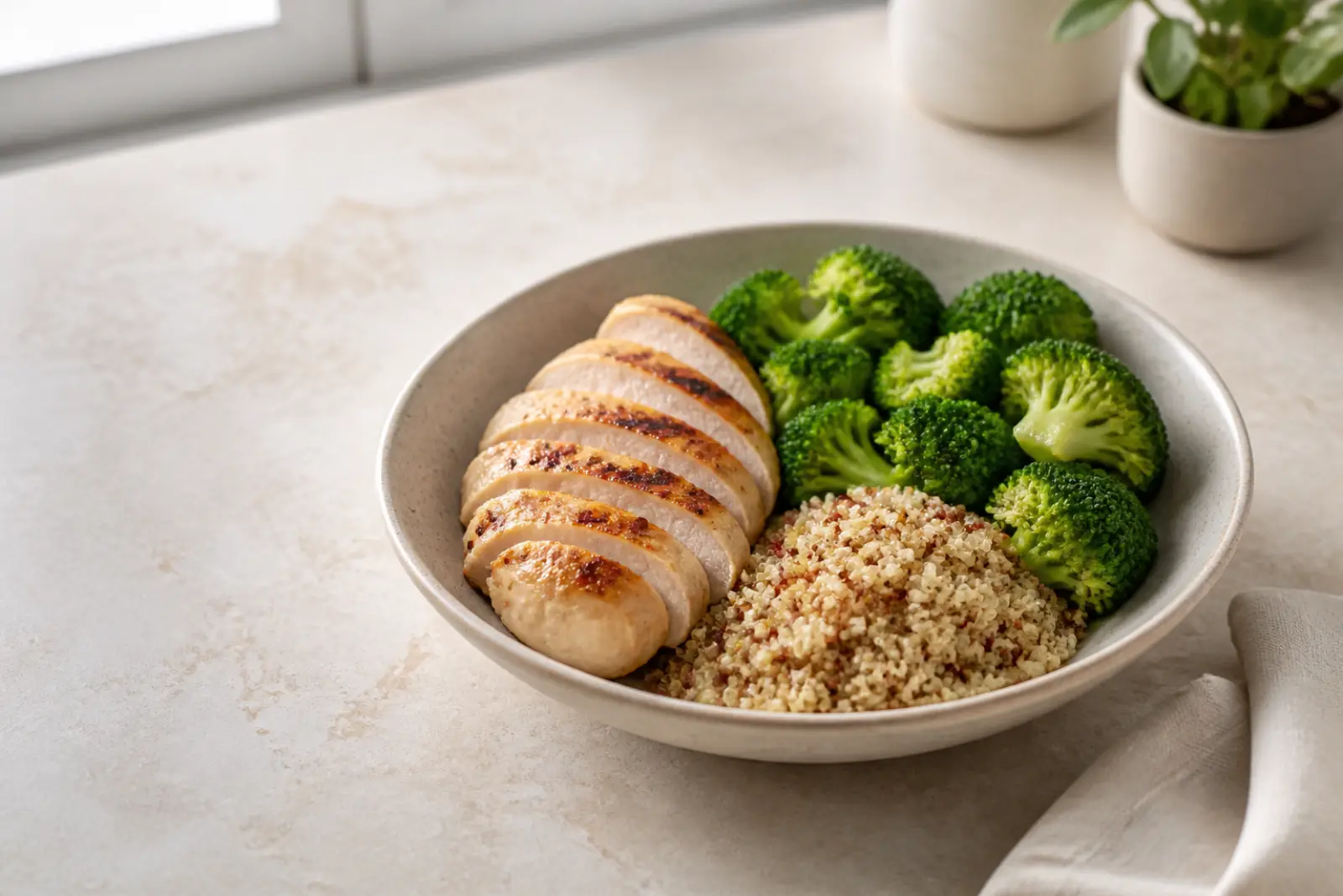 A wide shallow bowl of grilled chicken, steamed broccoli, and quinoa on a bright kitchen counter.