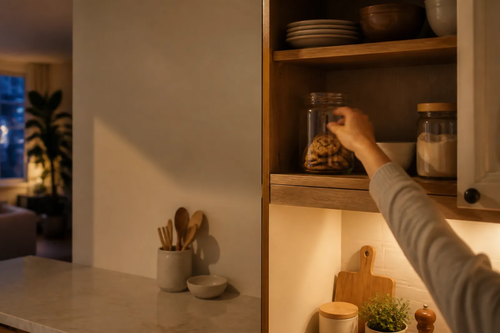 A hand reaching toward an open kitchen pantry cabinet in warm evening light.