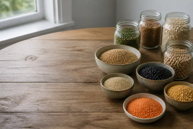 An assortment of grains and legumes in open bowls and glass jars on a wooden kitchen table.