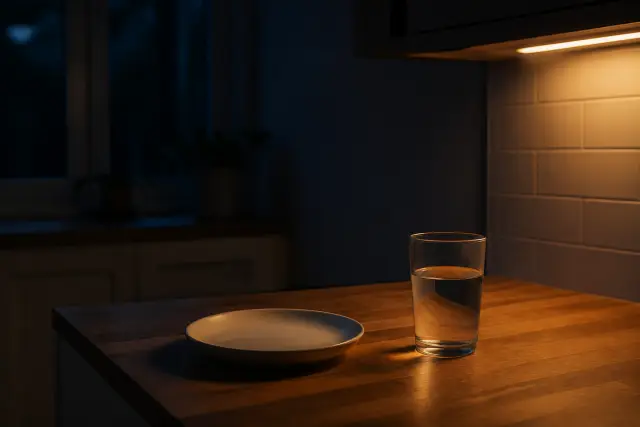 A single glass of water and an empty plate on a dimly lit kitchen counter at night.