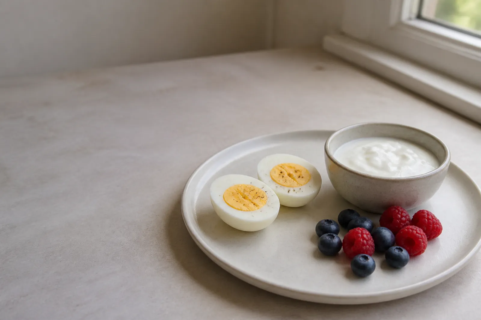 A plate of eggs, yoghurt and berries on a plain table in morning light.