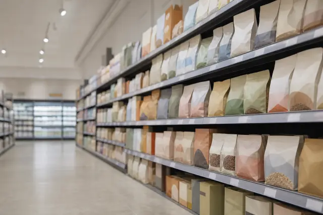 A supermarket aisle of packaged food seen from a low angle in flat light.