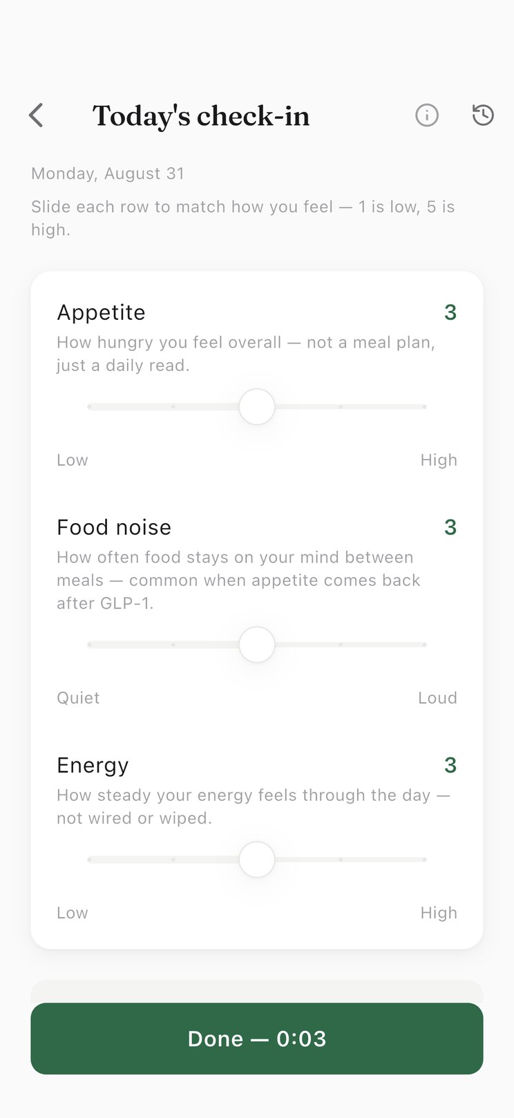 OffRamp daily check-in with sliders for appetite, food noise, and energy, and a Done button showing an elapsed timer.